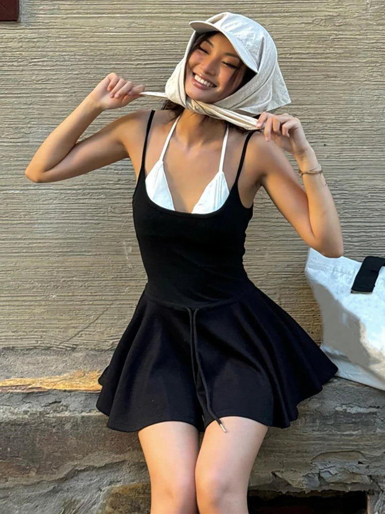 LIZAKOSHT  -  Sexy Backless Women Fake Two Piece Sets Black Spaghetti Strap V-neck Dress Female Summer Skinny Elegant Streetwear