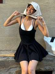 LIZAKOSHT  -  Sexy Backless Women Fake Two Piece Sets Black Spaghetti Strap V-neck Dress Female Summer Skinny Elegant Streetwear