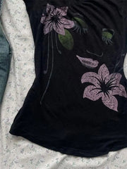 LIZAKOSHT  -  Y2k Aesthetic Flower Printing Women Grunge T-shirts Vintage Slim Harajuku Sexy Black Tshirts 2024 Summer Bottoming Crop Tops