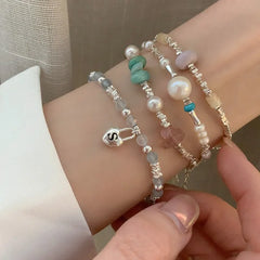 LIZAKOSHT Silver Pearl Handmade Geometry Bracelet for Women Girl Beading Korean Ins Jewelry Gift