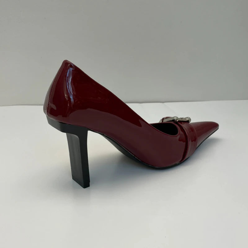 LIZAKOSHT  -  Patent Leather Sexy High Heels Women Metal Buckle Pointed Designer Pumps Female Fall Fashions Elegant Office Women Shoes
