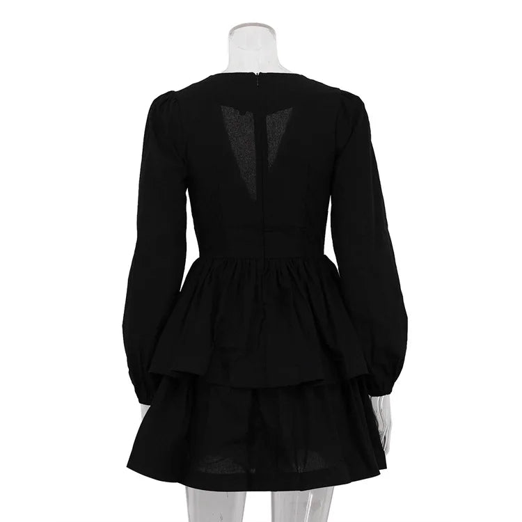 LIZAKOSHT  -  Summer Black Ruffled Mini Dress Female V-Neck Long Sleeve Solid Commute Elegant Party Dress Evening Women's Bodycon Dress