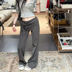 LIZAKOSHT  -   Korean Style Elegant Women Pants Baggy Lace Up Ruffles Sexy Low Waist Slim Casual Trousers Coquette Straight Pantalones