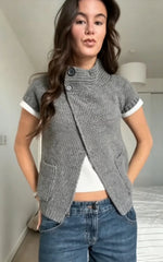 LIZAKOSHT  -  Women Grey High Collar Knit Vest Asymmetric Button Short Sleeve Sleeveless Cardigan With Pockets Y2K Gothic Vintage Chic Sweater