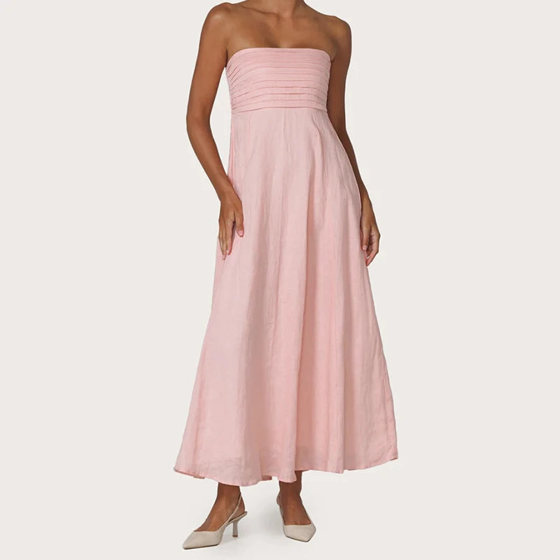 LIZAKOSHT  -  Women Tube Maxi Dress Ruched Strapless Bodice A Line Long Dress Elegant Lady Sleeveless Flowy Summer Sundress