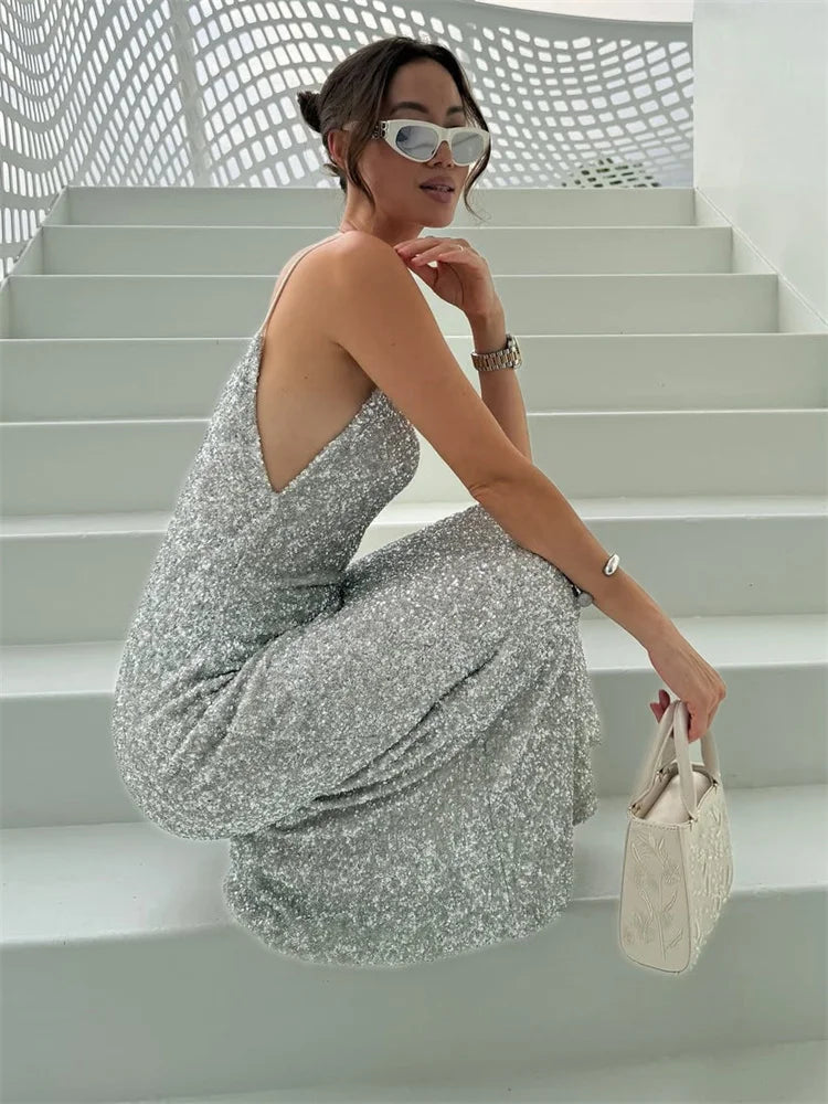 LIZAKOSHT  -  Autumn Sequin Fashion Long Dress For Women Patchwork Backless Spaghetti Slim High Waist Party Dress Female Shiny Dress
