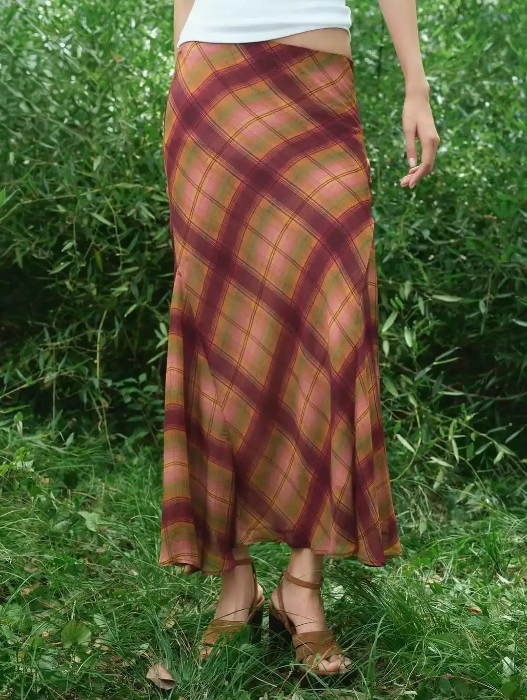 LIZAKOSHT  -  Retro Plaid Pattern Pleated Skirt Women Elegant HighWaist Patchwork Ruffle Slim Midi Skirts Lady Holiday Street Wear New