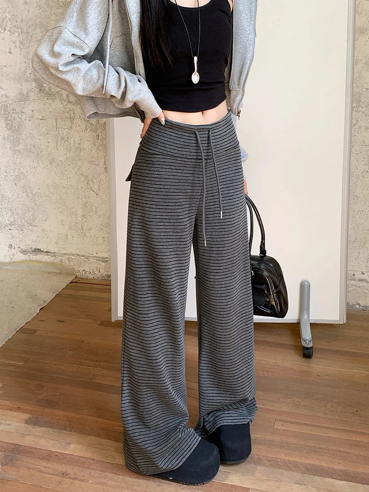 LIZAKOSHT  -  Harajuku Striped Women Pants Fall Winter Loose Casual Streetwear Wide Leg Trouser Female Retro Lace Up Straight High Waist Pants