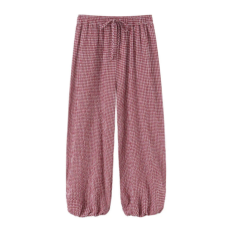 LIZAKOSHT  -  Elastic Drawstring Plaid Jogger Bottom Grid Thigh Cut Ankle Cuffs Summer Autumn Indoor Casual Lady  Vintage Cozy Outfit