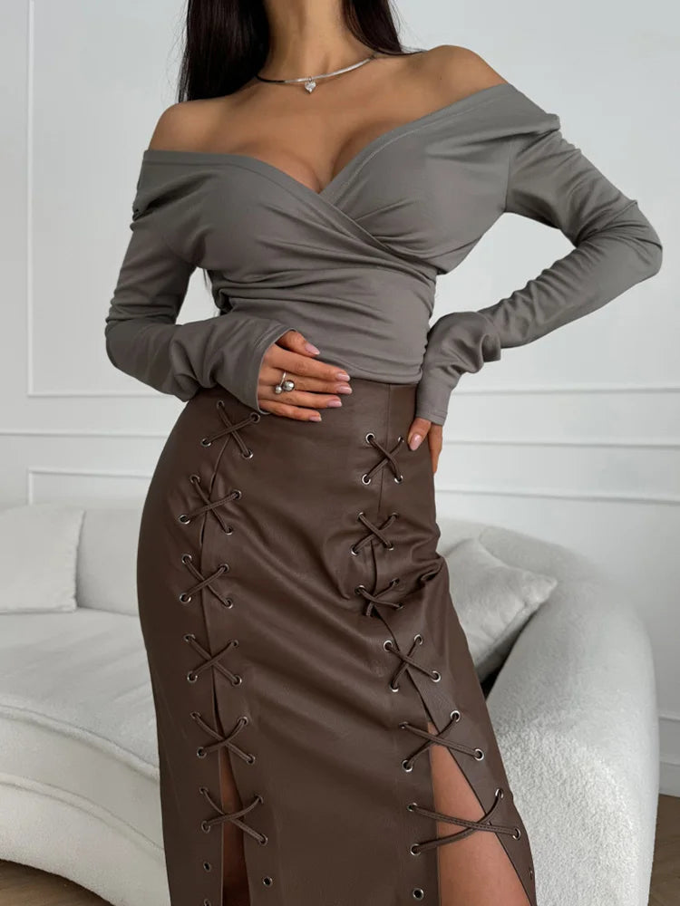 LIZAKOSHT  -  PU Leather Patchwork Fashion Maxi Skirts, Women Autumn Loungewear All Match Pencil Skirts, Solid Slim Lace-Up Ladies Skirts