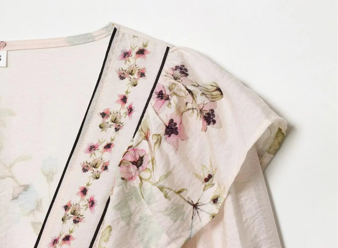 LIZAKOSHT  -  BOHO Light Pink Floral Print Tie Bow Sashes Wrap Shirt Short Women V neck Puff Sleeve Wood ears Waist Kimono Blouse Holiday Cape