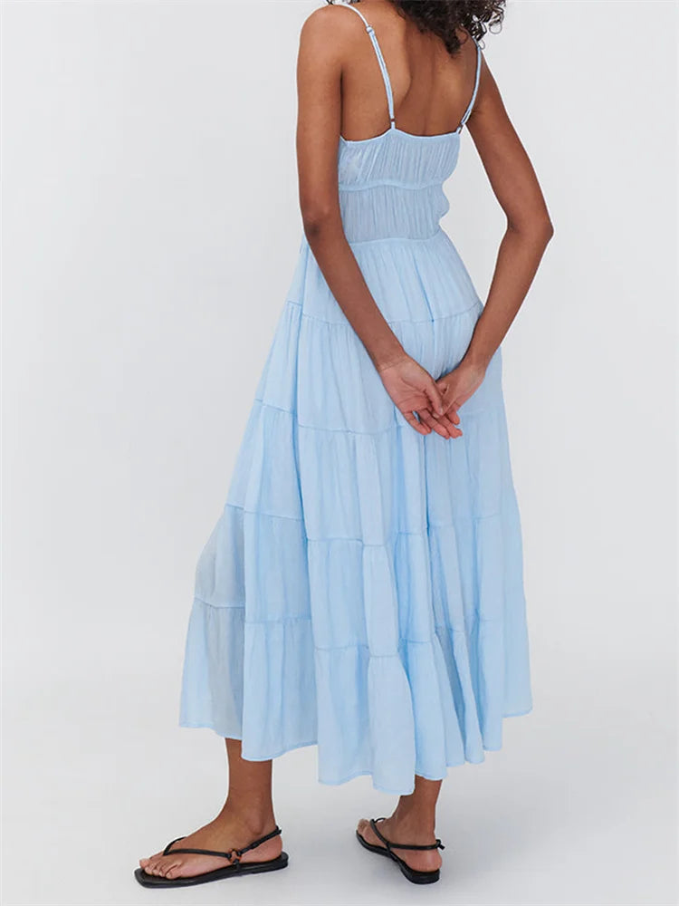 LIZAKOSHT  -  Women Summer Sleeveless Sling Dress Casual Solid Front Tie-up Ruffles A-Line Party Dress Vacation Cocktail Streetwear