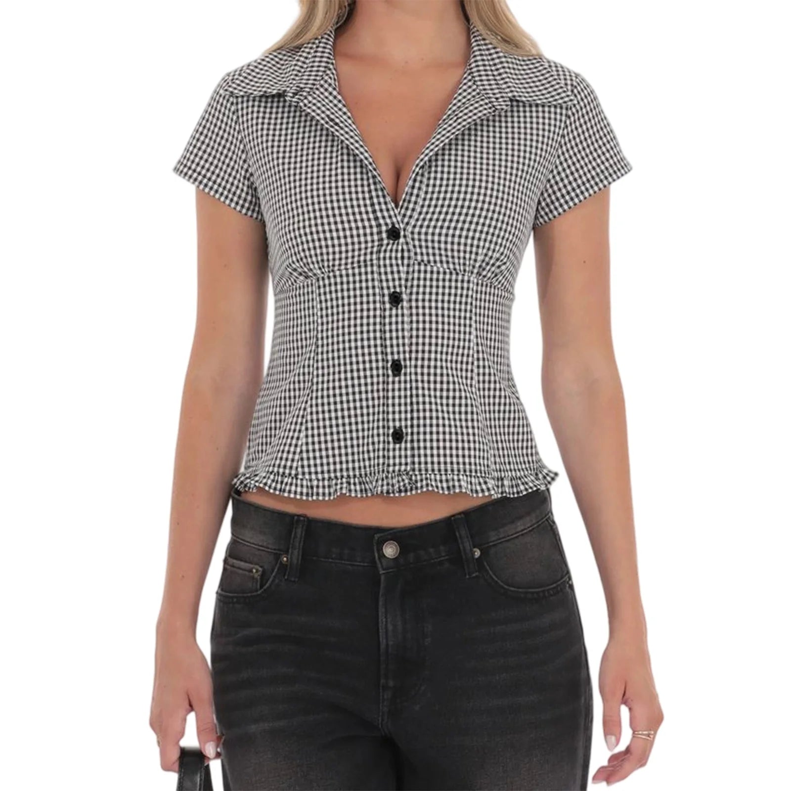 LIZAKOSHT  -  Women s Blouse Casual Short Sleeve Checkered Striped Shirt with Button Closure  Fit Summer Top for Street Style Fashion
