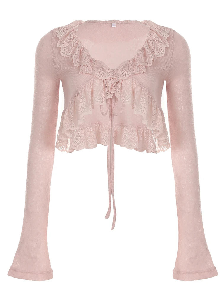 LIZAKOSHT  -  Y2K Pink Flared Sleeve Cardigan Casual Lace Tie-up Beach Cover-Ups Coquette White Long Sleeves Shirts Sunscreen Outwear