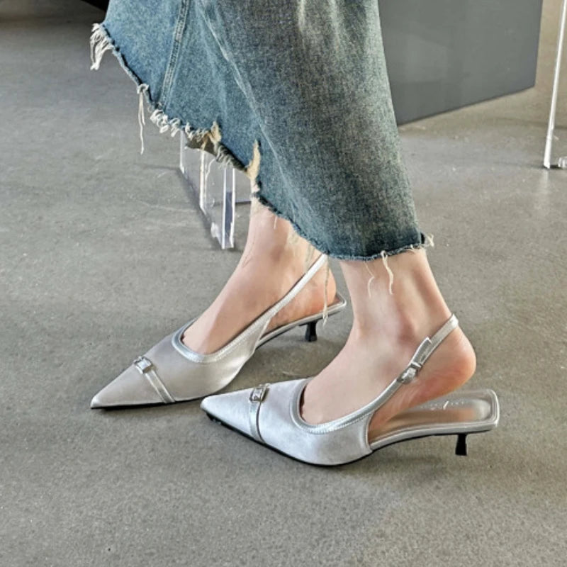 LIZAKOSHT Women Pumps Pointed Toe New Satins Slingback Sandals Ladies Buckle Fashion Design Silver Banquet Low Heels Mules Shoes for Women