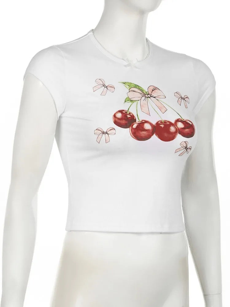LIZAKOSHT  -  Y2k Aesthetic Vintage Summer Cherry Print Tees Slim Streetwear Lace Bow Tshirts Women Harajuku Grunge Bottoming Sweet Crop Tops