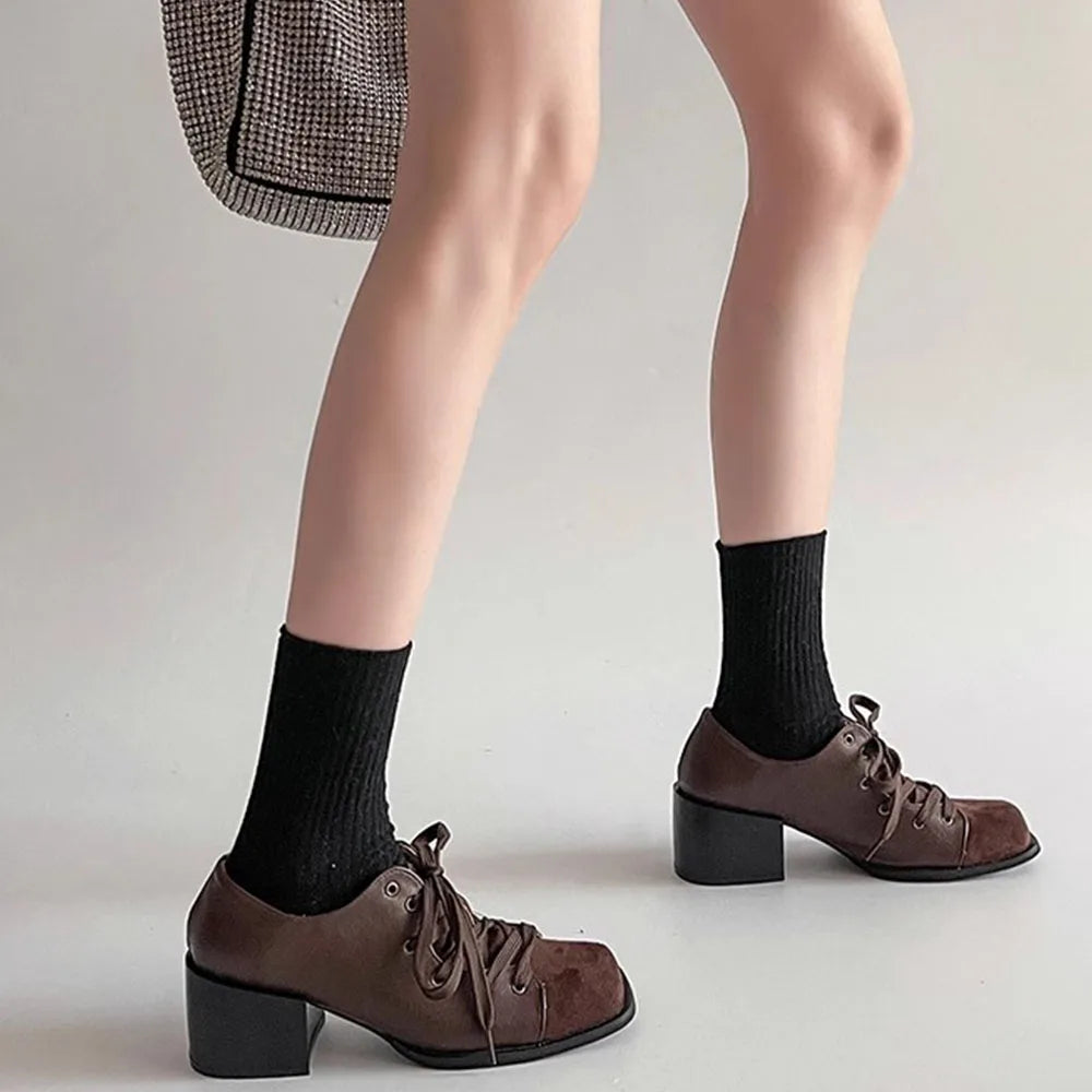 LIZAKOSHT  -  Vintage Brown maillard Style Casual Pumps Square Toe Patchwork Block Heels Lace-up Shoes Women