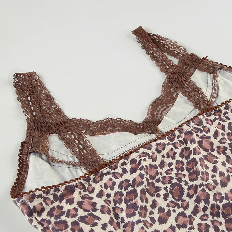 LIZAKOSHT  -  Sexy Leopard Print Patchwork Lace Vest Sleeveless Streetwear Aesthetic Camis Harajuku Slim 2000s Tops Grunge Fairycore