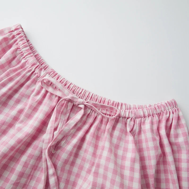 LIZAKOSHT  -  Vintage Plaid Pajama Set Elegant Lady Off Shoulder Tops + Ruffle Shorts Women 2 Piece Lounge Outfit Loose Sleepwear