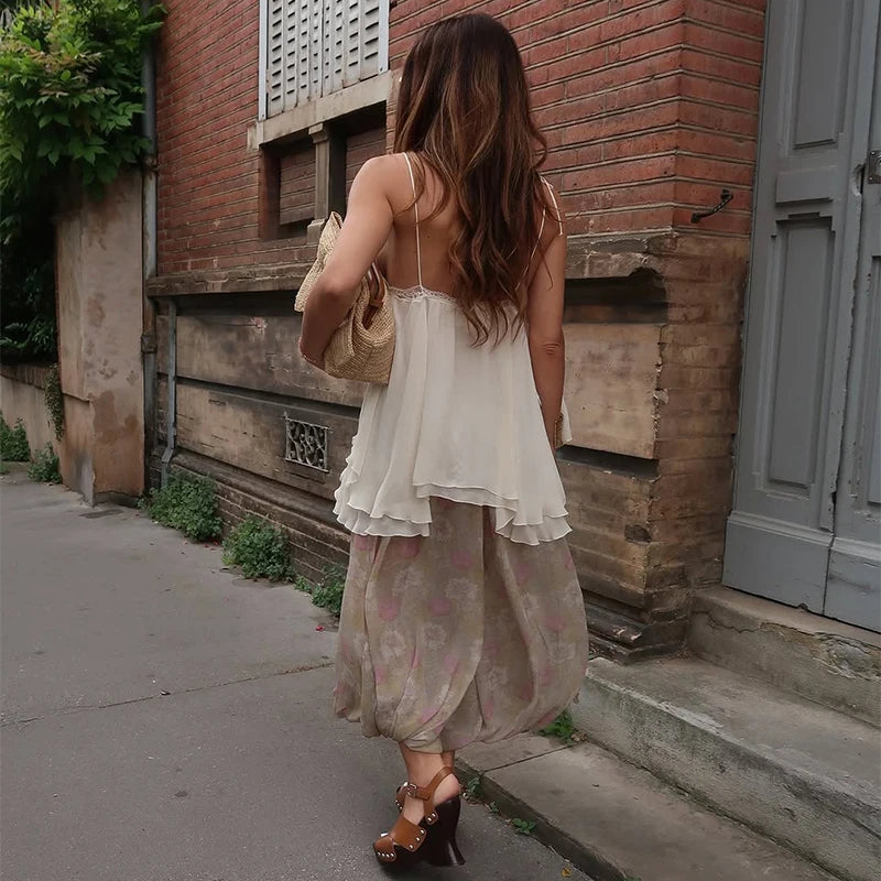 LIZAKOSHT  -  summer Women Loose-fitting Vest Casual Scoop Neck Sweet Spaghetti Strap Chiffon Blouses Ladies Ruffle Hem Flowy Cami Top