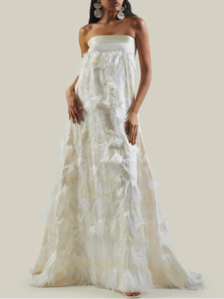 LIZAKOSHT  -  Elegant Feathers Off Shoulder Strapless Maxi Dress Women Chic Backless Wrapped Chest Loose Robes Lady Party A-line Vestidos