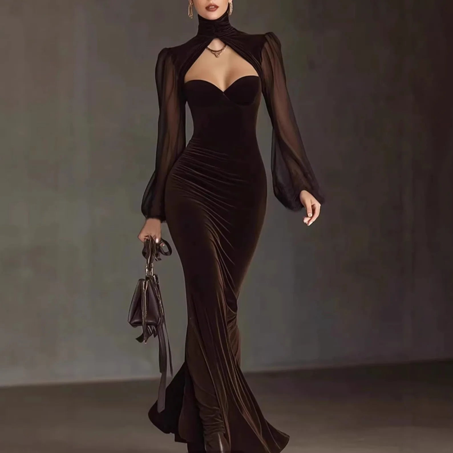LIZAKOSHT  -  Spring Autumn Velvet Dress Women Long Sleeve Turtleneck Solid Sexy Elegant Evening Party Skinny Stretch Bodycon Dresses