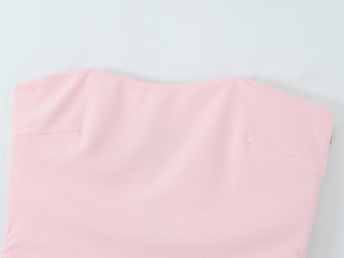 LIZAKOSHT  -  Elegant Ruched Strapless Dress Women Sexy Pastel Pink Off Shoulder Side Zipper Midi Dress 2025 New Summer Party Evening Dresses