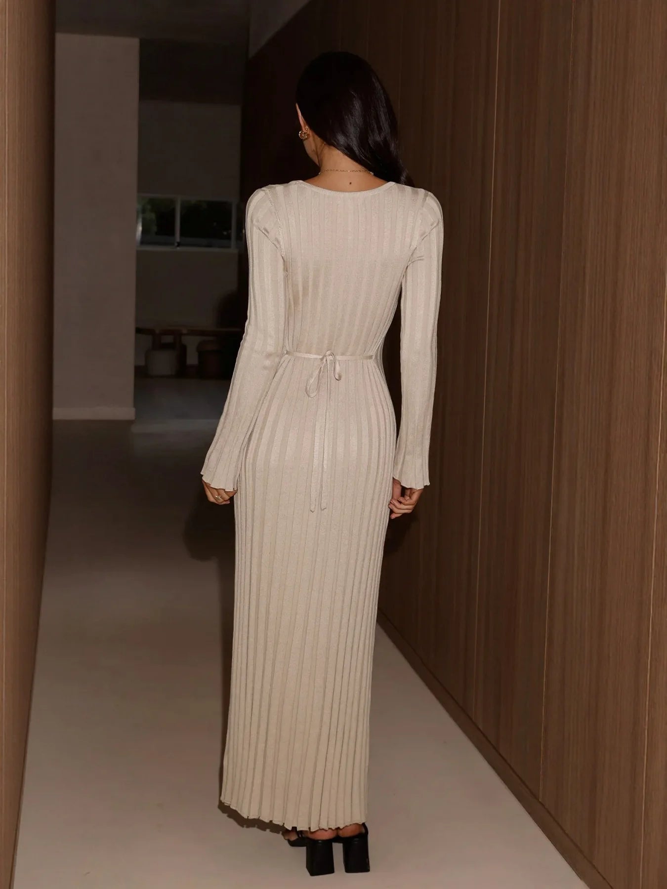 LIZAKOSHT  -  Fall Knitted Long-sleeved Dress Elegant Party Dress V-neck Women's Long Skirt