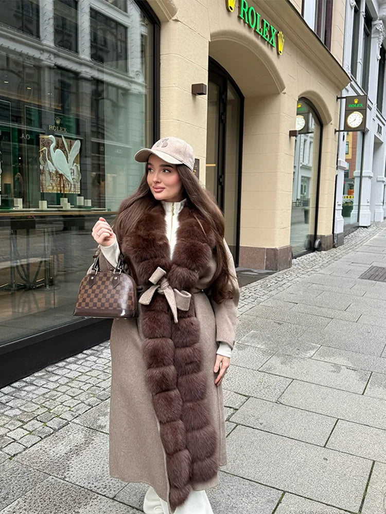 LIZAKOSHT  -  Patchwork Fur V-Neck Lace up Coat Woman Solid Color Long Sleeves Loose Warm Coats Luxury Chic Women's New Autumn Winter Jackets