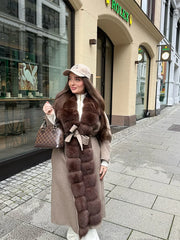 LIZAKOSHT  -  Patchwork Fur V-Neck Lace up Coat Woman Solid Color Long Sleeves Loose Warm Coats Luxury Chic Women's New Autumn Winter Jackets