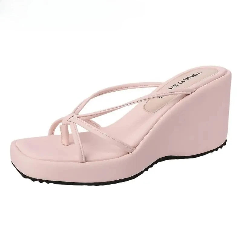 LIZAKOSHT  -  Designer Summer Women Wedges Heel Clip Toe Slippers Concise Narrow Band Slide Ladies Outdoor Party Dress Sandalias