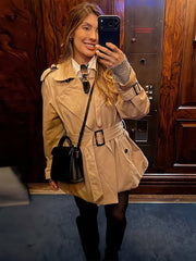 LIZAKOSHT  -  Fashion Women Windbreaker French Lapel Long Sleeve Belt Pocket Waist Cinching Long Coat Casual Early Autumn Street Wear