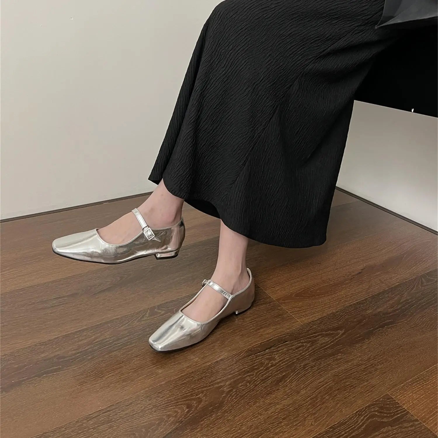LIZAKOSHT -  Silver Ballerina Shoes Woman Belt Strap Mary Janes Lolita Square Toe Flats OL Ladies Dress Mocasines Brides Wedding Ballets
