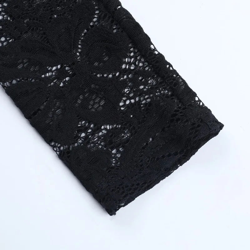 LIZAKOSHT  -  Twist Patchwork See Through Lace Bodycon Mini Dress Women Autumn O Neck Long Sleeve Ruched Slim Night Clubwear Party Dresses