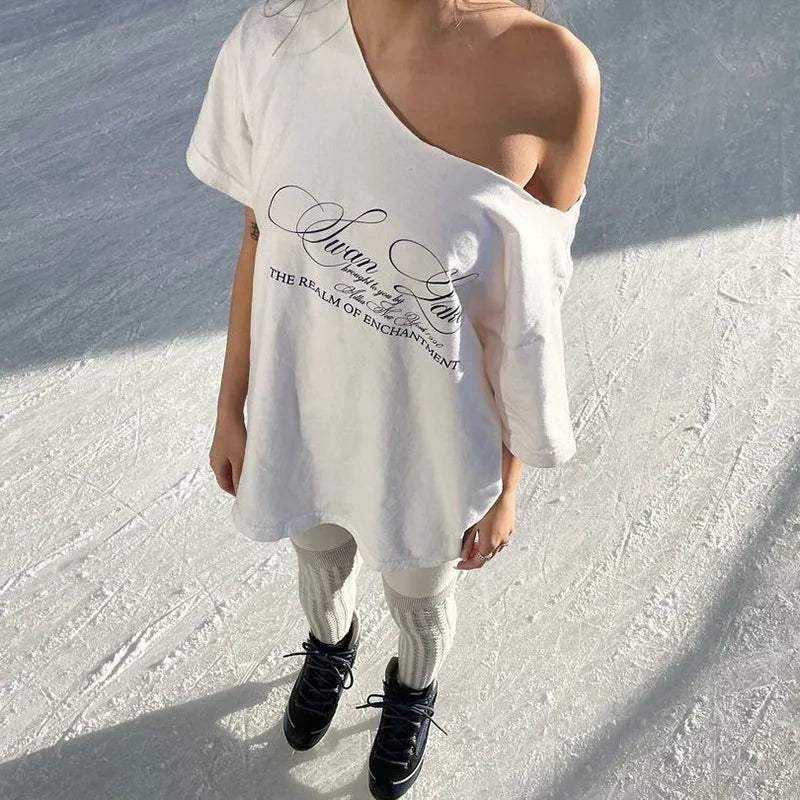 LIZAKOSHT  -  Letter Print Graphic T Shirts White Oversized One Shoulder Tops Womens Summer Fashion Clothing Trends 2025