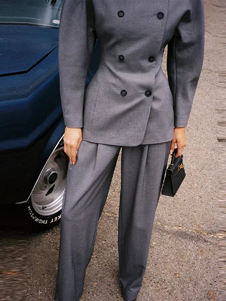 LIZAKOSHT  -  Retro Double Breasted Jacket Long Pant Set Lady Elegant Gray Waist-cinching Jackets Straight Pants Sets Women New Chic Steetwear