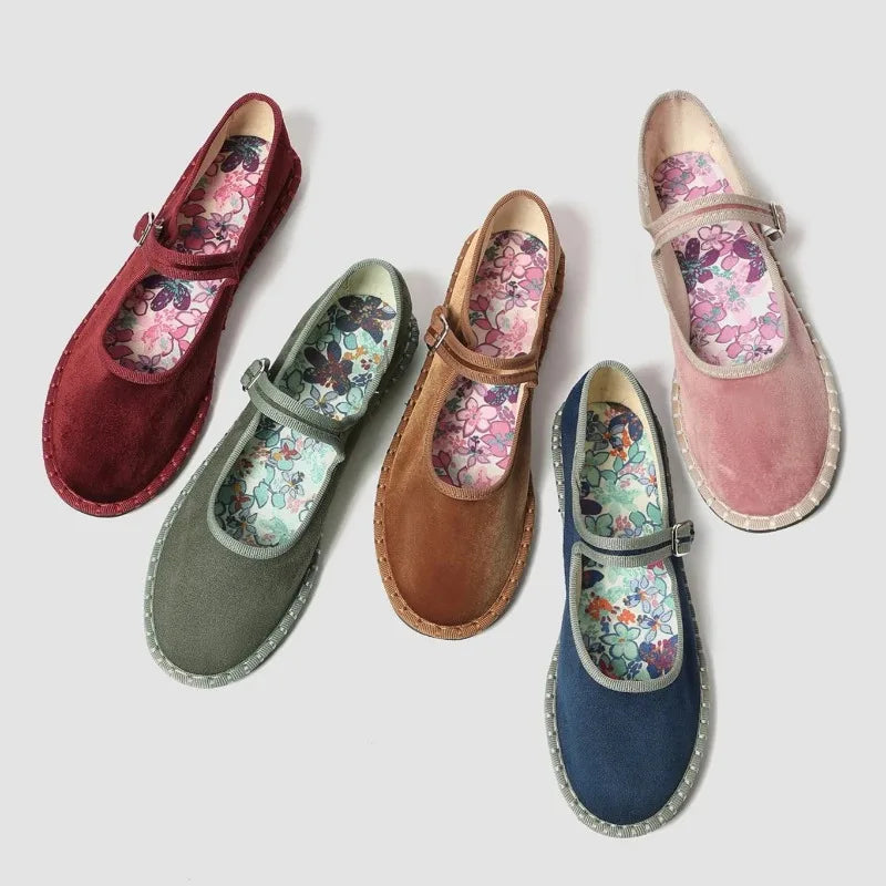 LIZAKOSHT  -  Velvet Round Toe Casual Flats Women Sewing Lightweight Brand Mary Jane Shoe Buckle Print Insole Comfort Retro Ballet Flats Women