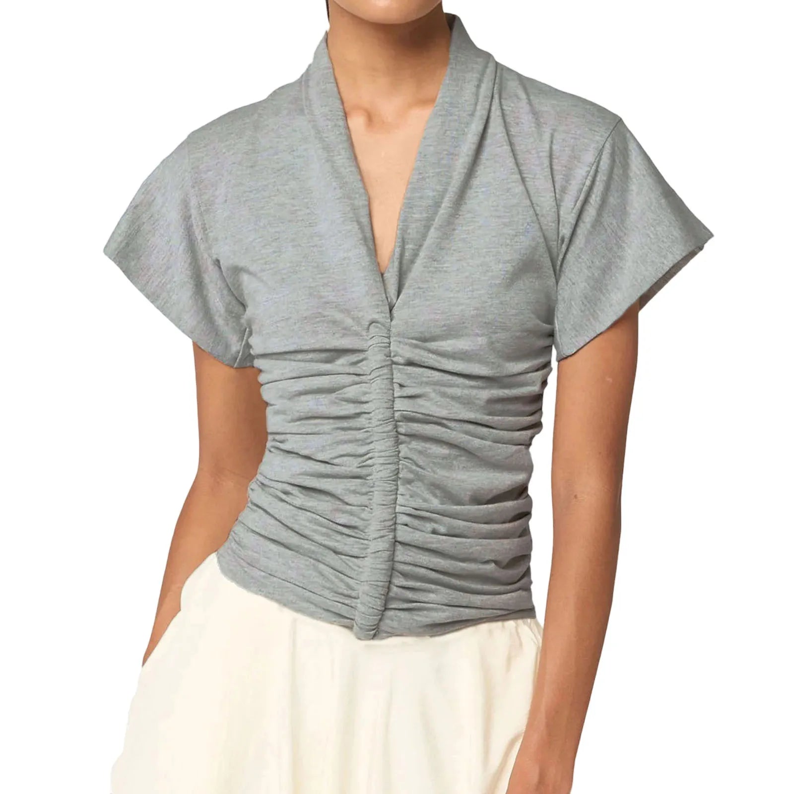 LIZAKOSHT  -  Women s V Neck Short Sleeve Pleated Solid Color  Fit T-shirt Casual Summer Top for Daily Streetwear Fashion