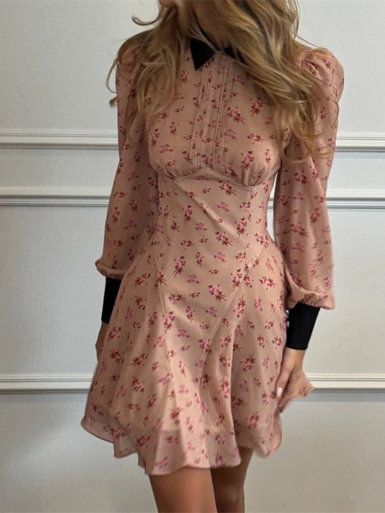 LIZAKOSHT  -  Fashion Printing Contrast Mini Dress For Women Turndown Collar High Waist Pleats Shirt Sleeve Patchwork Women's Mini Dress