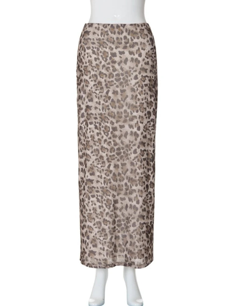 LIZAKOSHT  -  Women's Skirts Summer Fashion Chic Leopard Print Mesh Long Skirt Female Clothing High Waist Slim Dress Streetwear