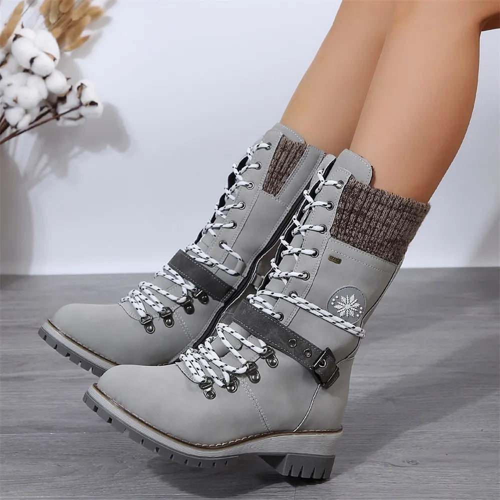 LIZAKOSHT  -  Plus Size 43 Women's Fashion Thermal Mid Calf Boots Knitted Splicing Lace Up Side Zipper Winter Boots Wedges heels Outdoor Boots