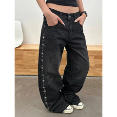 LIZAKOSHT  -  Autumn Winter Dark Jeans Women's Spliced Retro High Street Pocket Straight Baggy Wide Leg Denim Pants Women's