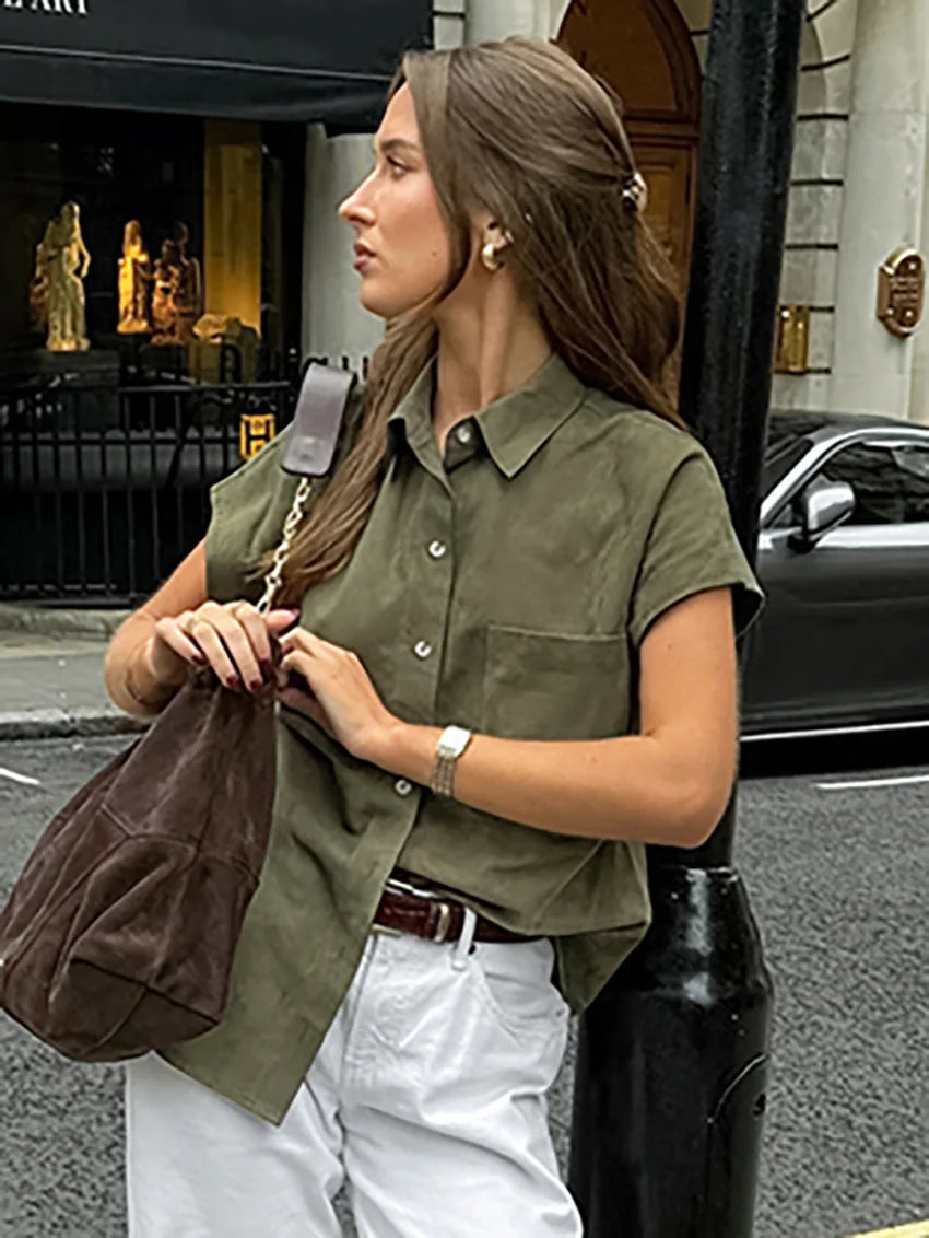 LIZAKOSHT  -  Summer 2025 Vintage Retro Green Blouse Shirt Women Turn-down Collar Single-breasted Pocket Sleeveless Casual Top For Women 55905
