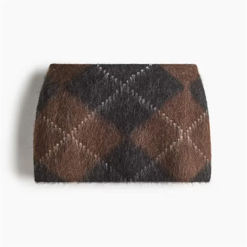 LIZAKOSHT  -  Women's Brown Argyle Pattern Turtleneck Sweater Fluffy Knit Long Sleeve Casual Pullover 2025 Autumn Winter Female Warm Knitwear