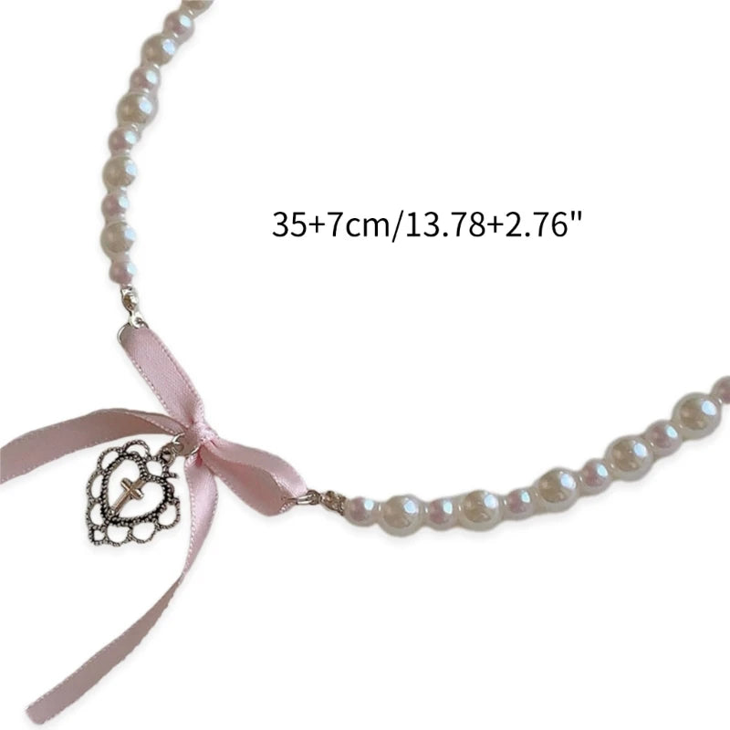 LIZAKOSHT  -  Heart-Shaped Pearl Necklace Women Wedding Party Heart Cross Pendant Choker Chain Imitation Pearl Necklace Sweet Gift