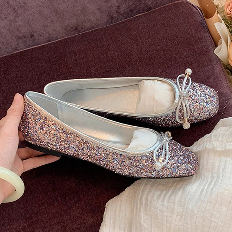 LIZAKOSHT -  Luxury Glitter Sequins Bowtie Ballets Shoes Ladies Square Toe Silver Flats Woman Slip On Moccasins Female Soft Soled Ballerinas