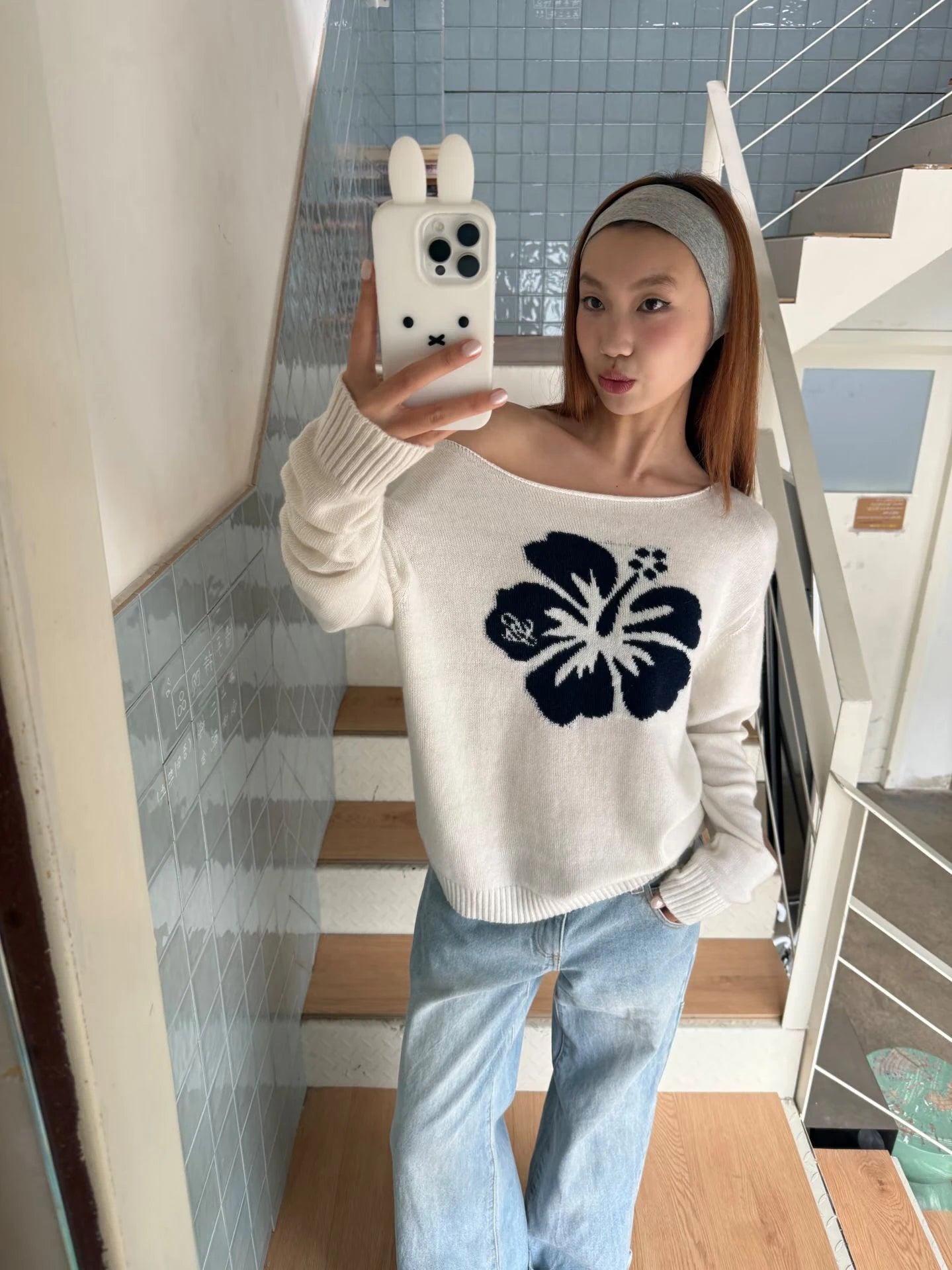 LIZAKOSHT  -  Flower Jacquard Sweater Woman Autumn Raw Hem Sexy Slash Neck Long Sleeve Pullover Female Vintage Sweet Preppy Style Jumpers Top