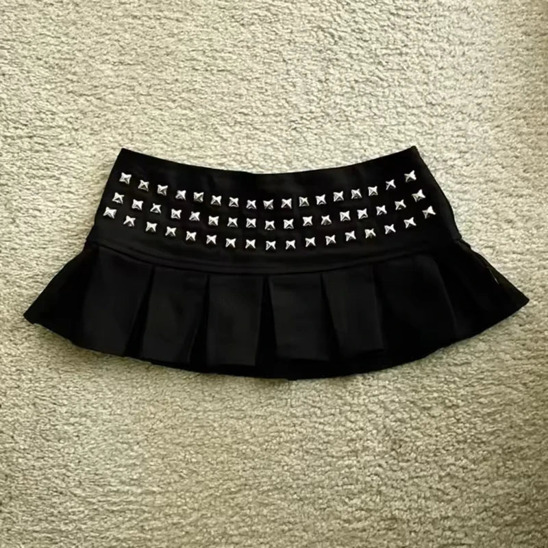 LIZAKOSHT  -  New Vintage Punk Women Y2k Gothic Harajuku Lolita Skirts Retro Black Summer Trendy Rivet High Elastic Jk Pleated Sexy Skirt