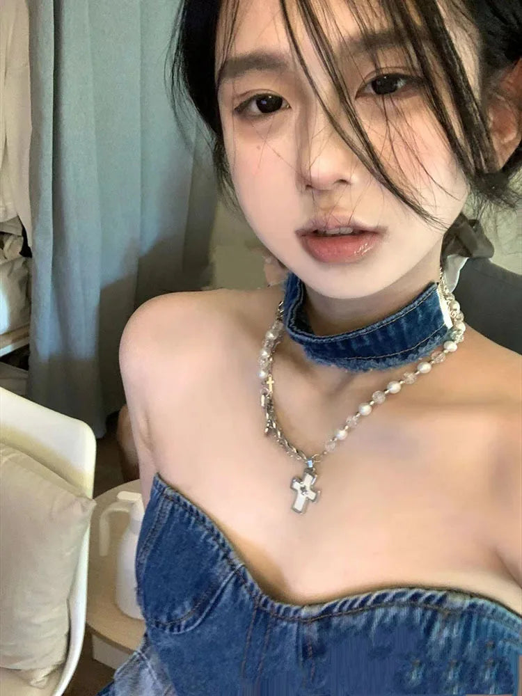 LIZAKOSHT  -  Sexy Party Birthday Dress for Women Sleeveless Strapless Irregularity Patchwork Summer Denim Midi Long Dresses Clubwear