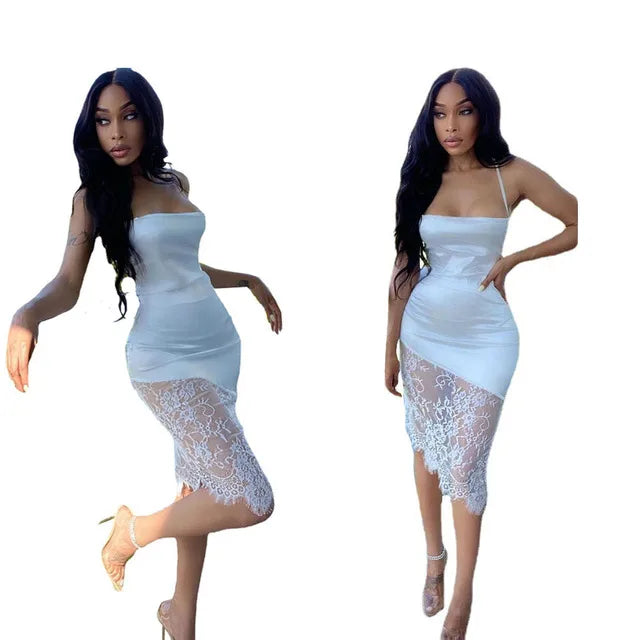 LIZAKOSHT  -  Sexy Lace Splicing Women's Casual Dr Street Sle mid Waist A-Line Gown No Sve Belted Outdoor Autumn Faion